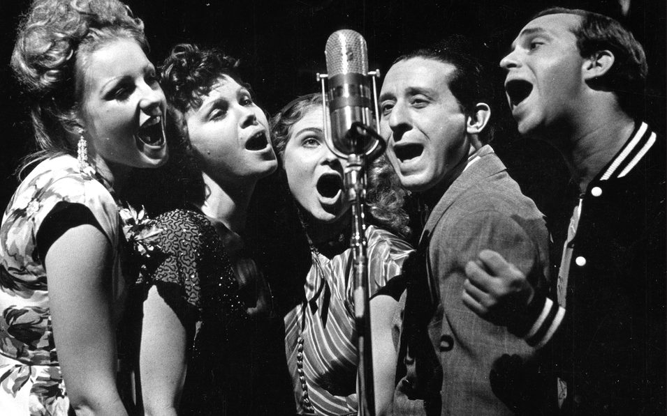 Elizabeth Norment, Shaine Marinson, Caris Corfman, Joe Grifasi, and Thomas Derrah in THE 1940S RADIO HOUR. Yale Repertory Theatre 1977.