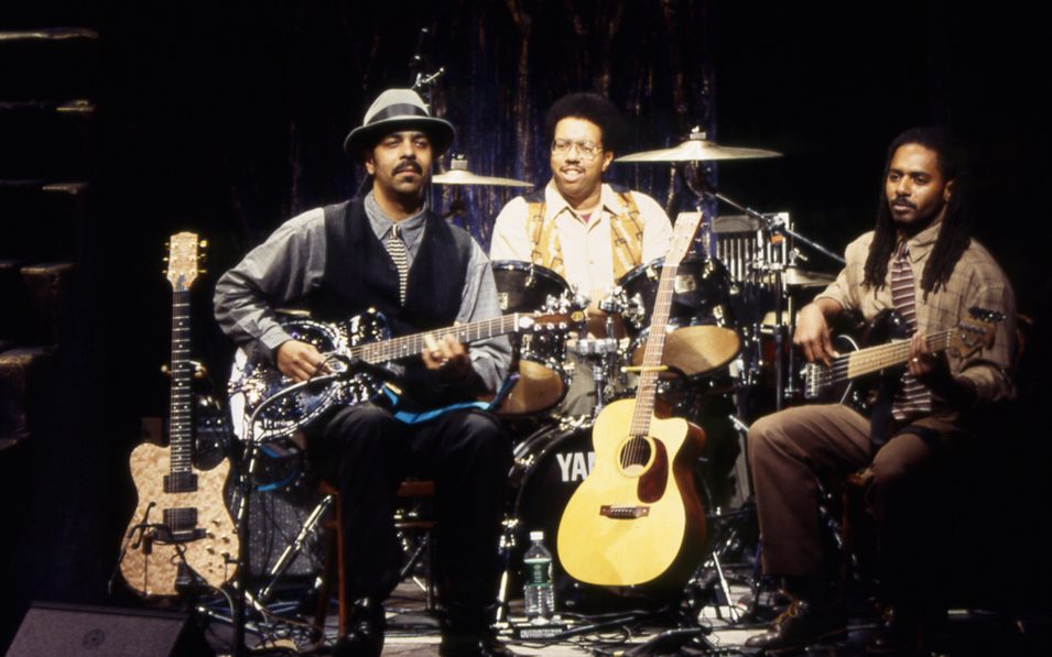 Steve Bargonetti, Buddy Williams, and Emanuel Gatewood in THUNDER KNOCKING ON THE DOOR, A BLUSICAL TALE OF RHYTHM AND THE BLUES. Photo © T. Charles Erickson, 1997.