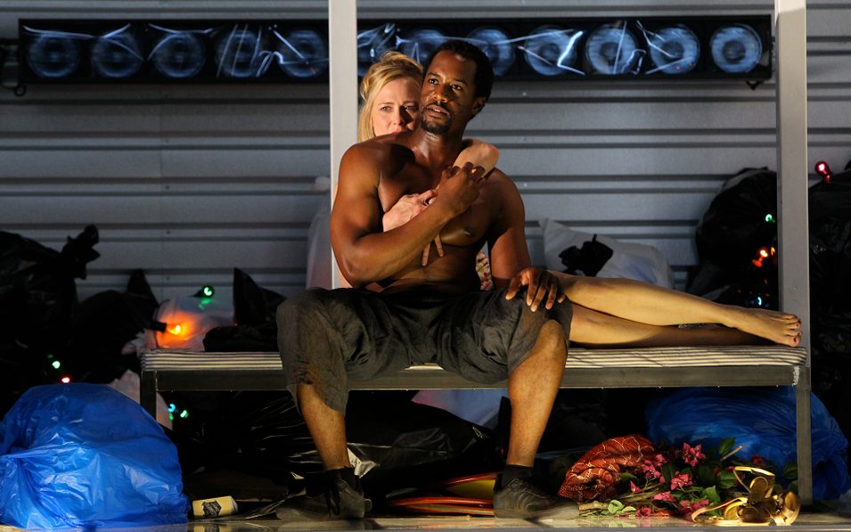 Albert Jones and Tracy Middendorf in BATTLE OF BLACK AND DOGS. Photo © Joan Marcus, 2010.
