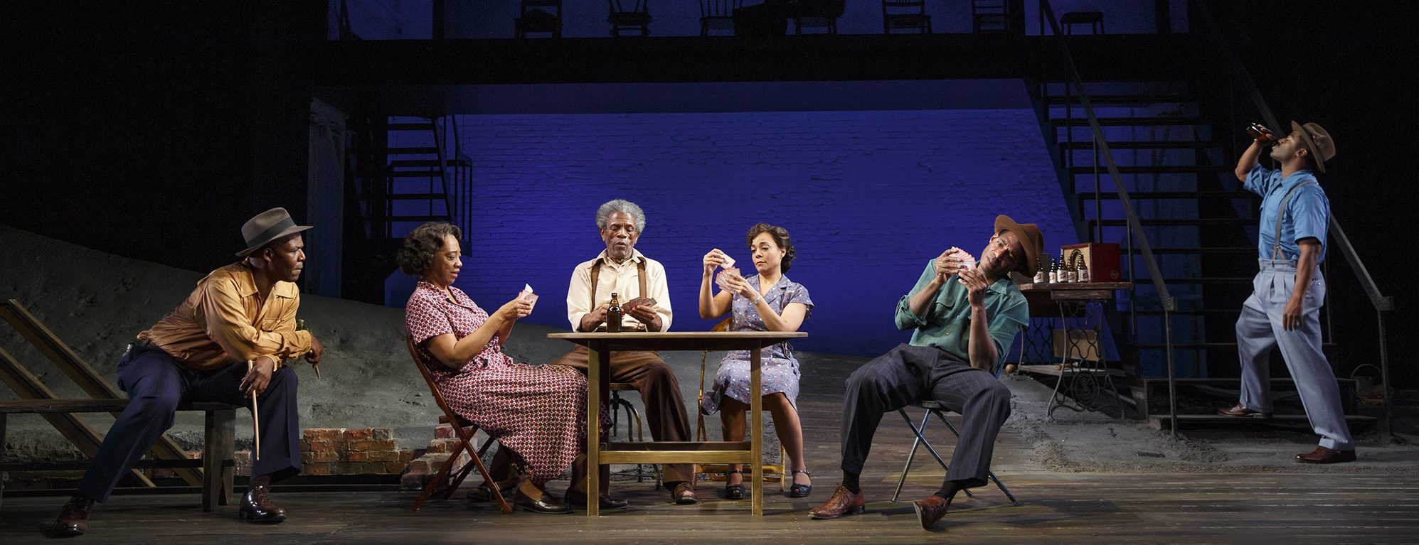 Danny Johnson, Stephanie Berry, André De Shields, Rachel Leslie, Billy Eugene Jones, and Wayne T. Carr in August Wilson's Seven Guitars, directed by Timothy Douglas. Photo by Joan Marcus 2016.