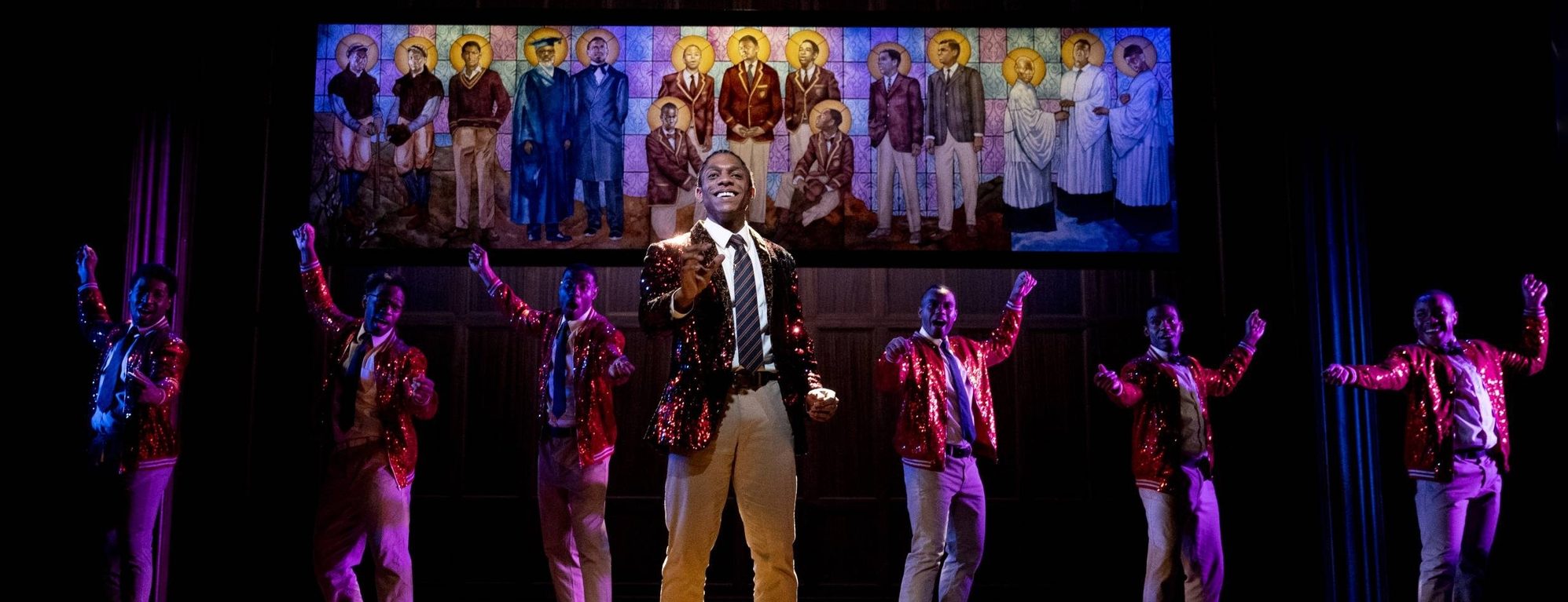 Aaron James McKenzie with members of the cast in a scene from CHOIR BOY by Tarell Alvin McCraney, directed by Christopher D. Betts, Yale Repertory Theatre, March 31-April 23, 2022. Photo © Joan Marcus