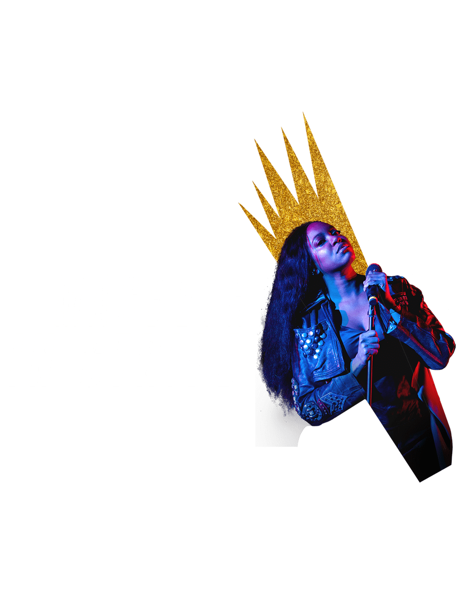 Macbeth logo - Whitney White with mic, wearing a gold yellow crown