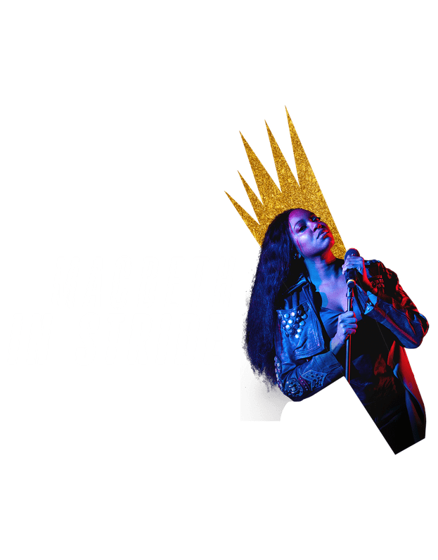 Macbeth logo - Whitney White with mic, wearing a gold yellow crown Macbeth logo - Whitney White with mic, wearing a gold yellow crown