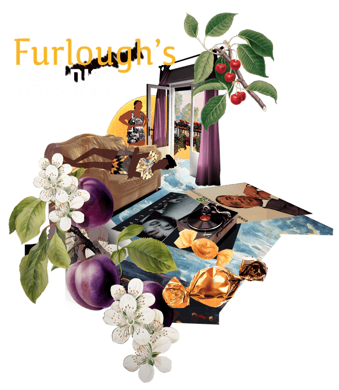 Furlough_Rep5_logo Collage of a cozy living room with people, fruit, flowers, records, and the word 'Furlough’s' in bold text