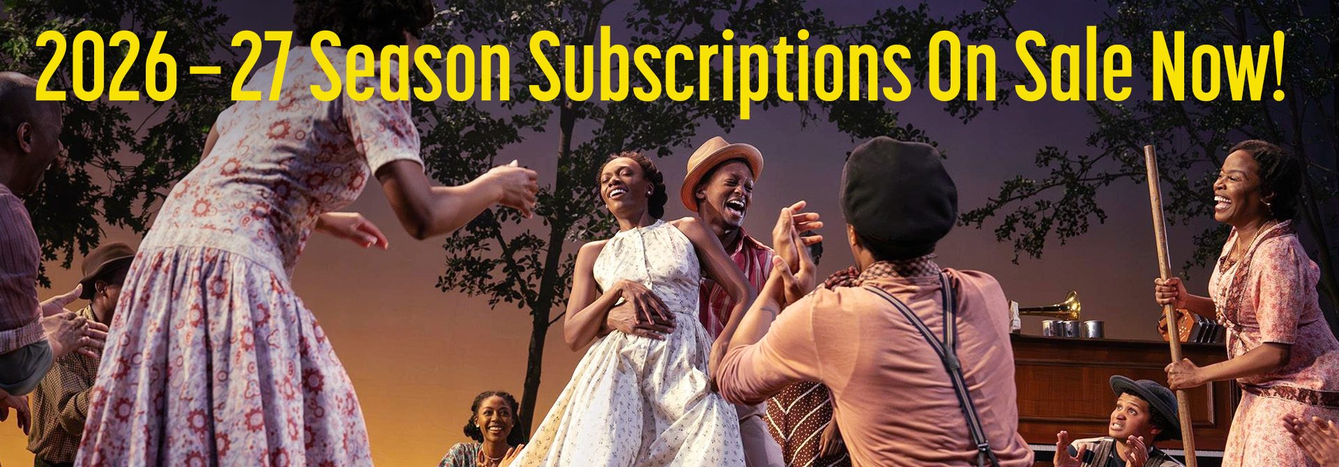 Kimber Elayne Sprawl and J. Quinton Johnson (center) with members of the company in a scene from Zora Neale Hurston’s Spunk. New Songs, Arrangements, and Music Supervision by Nehemiah Luckett; Choreography by nicHi douglas; directed by Tamilla Woodard. Yale Repertory Theatre, October 3-25, 2025. Photo © Joan Marcus.
