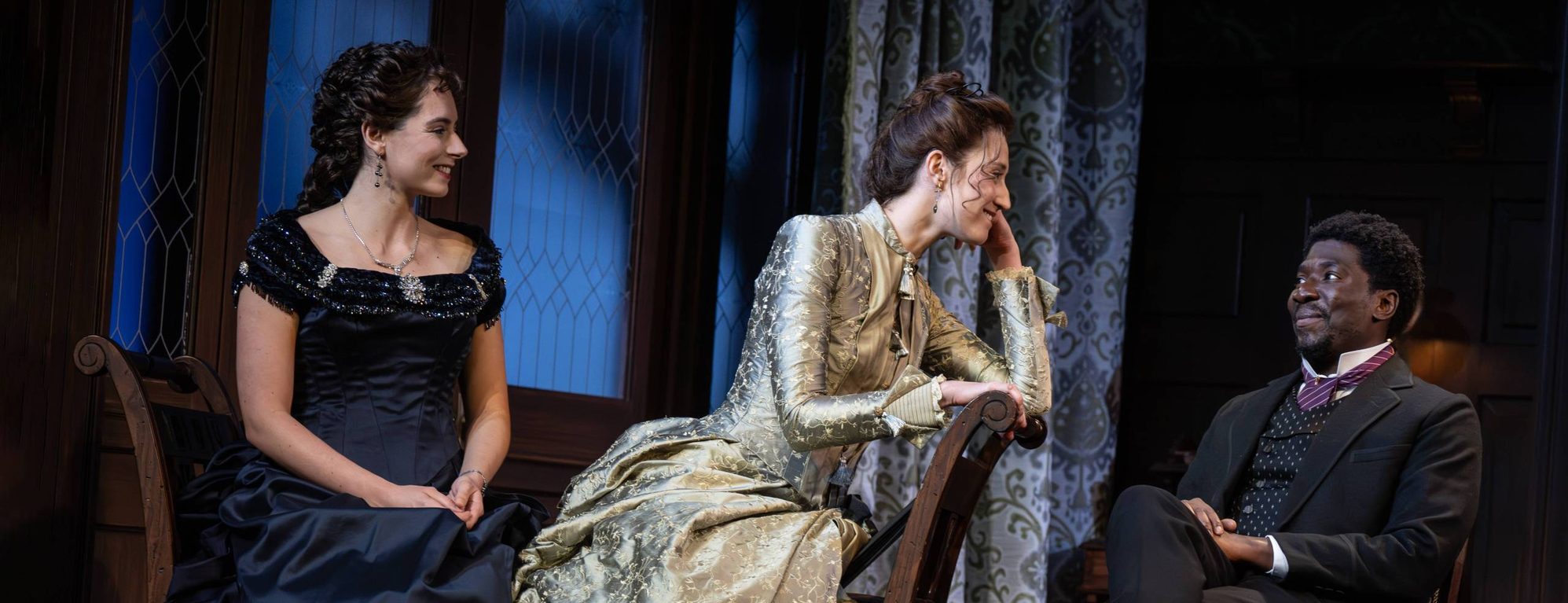 Stephanie Machado, Marianna Gailus, and James Udom in a scene from Hedda Gabler by Henrik Ibsen, translated from the Norwegian by Paul Walsh, directed by James Bundy. November 28–December 20, 2025, Yale Repertory Theatre. Photo © Joan Marcus.