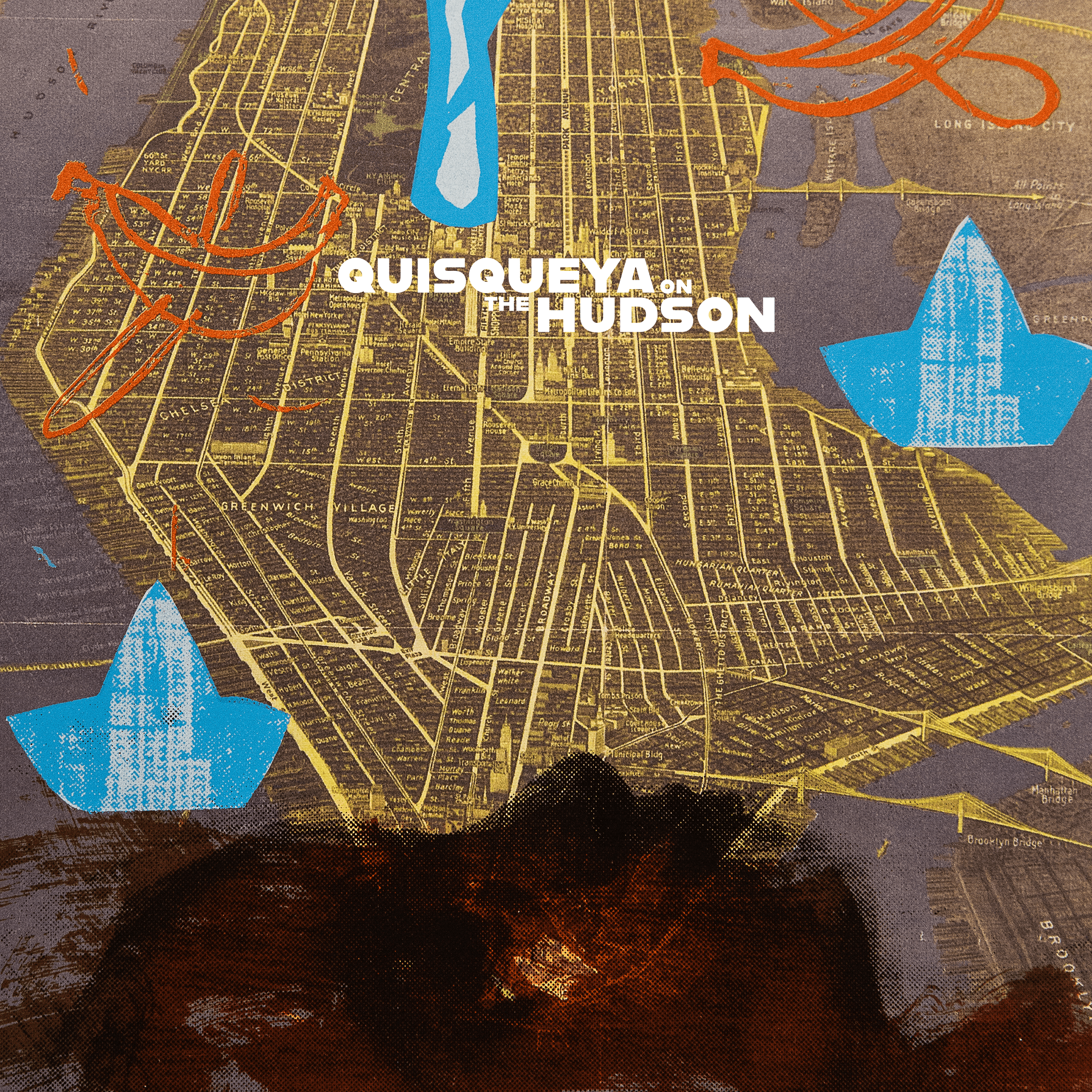 Collage-style show art featuring a vintage street map of Manhattan in yellow, overlaid with blue origami boats and red scribble-like shapes. Centered white text reads “QUISQUEYA ON THE HUDSON,” with a dark, textured silhouette along the bottom edge.