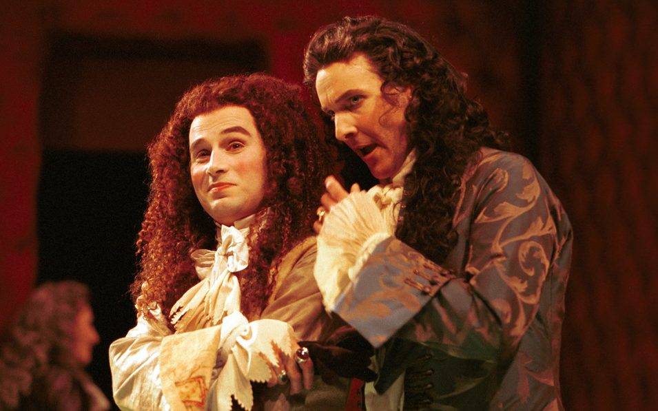 John Plumpis and Willis Sparks in a scene from The Way of the World by William Congreve, directed by Stan Wojewodski, Jr. Yale Repertory Theatre, February 9–March 3, 2001. Photo © T. Charles Erickson.